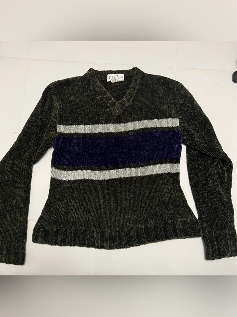 Vintage 90s A' Milano Striped Chenille V-Neck Sweater Size L